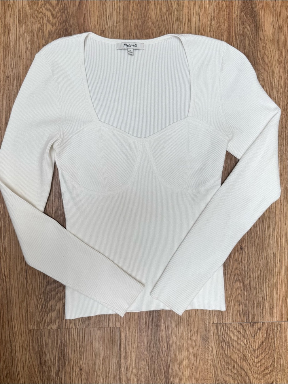 Madewell Cream Ribbed Long-Sleeve Sweetheart Neck Top